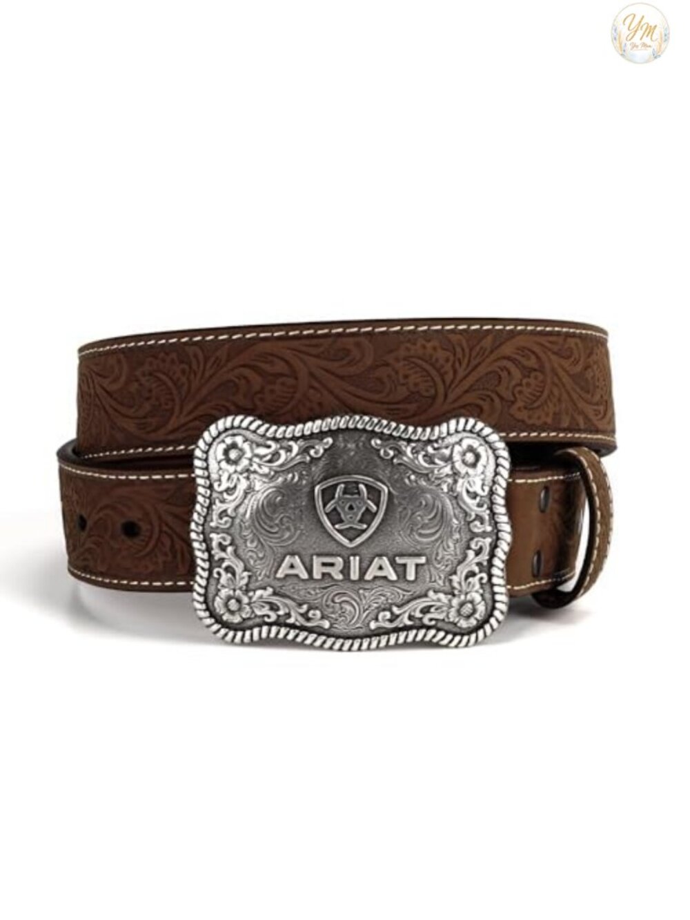 Genuine Leather Belt with Floral Embossed and Antique Silver Buckle